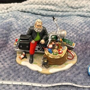 Harley-Davidson Santa Figurine with Green Motorcycle and Red Pants